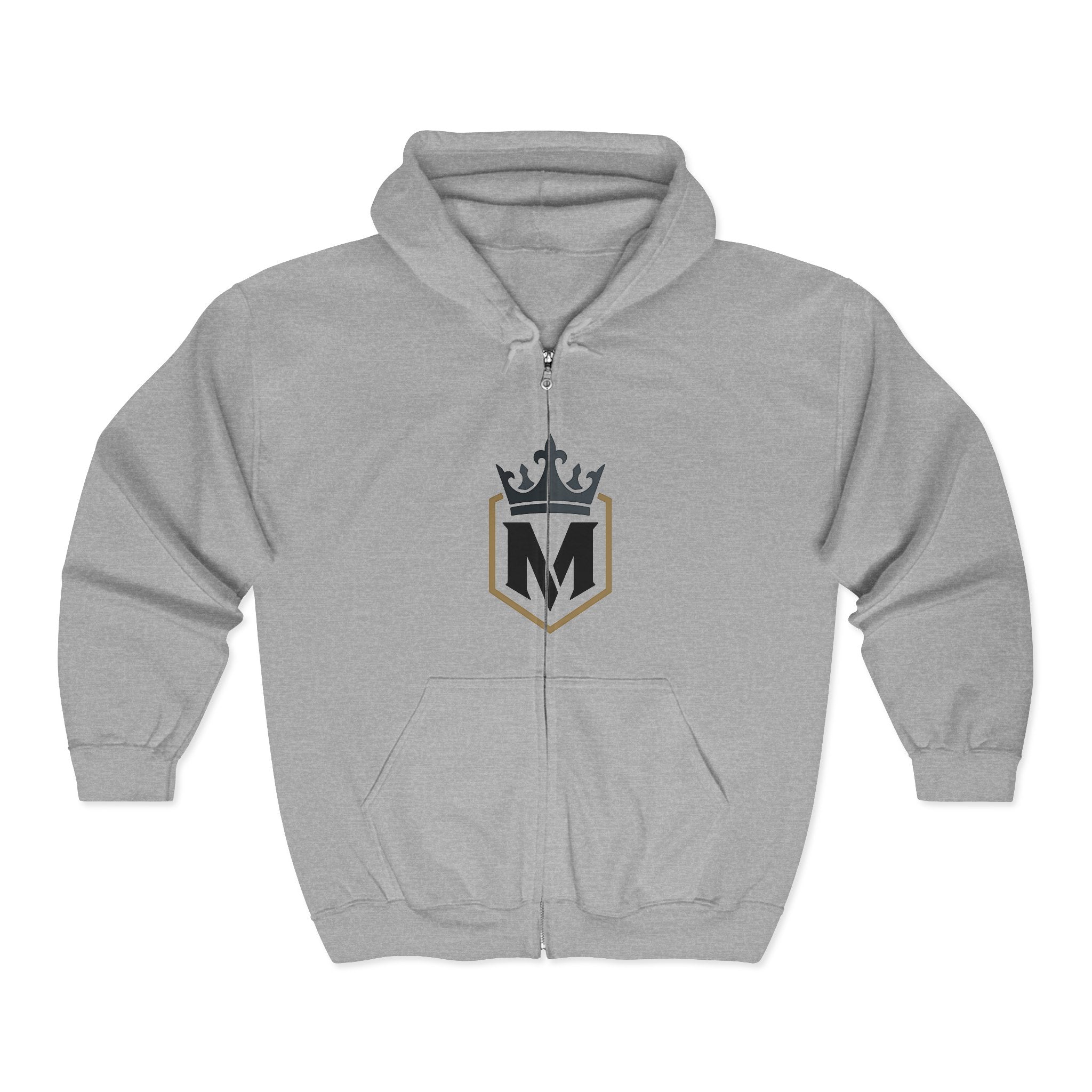 M Crown Shield Zip Hoodie — Athletic Monogram Full‑Zip Sweatshirt