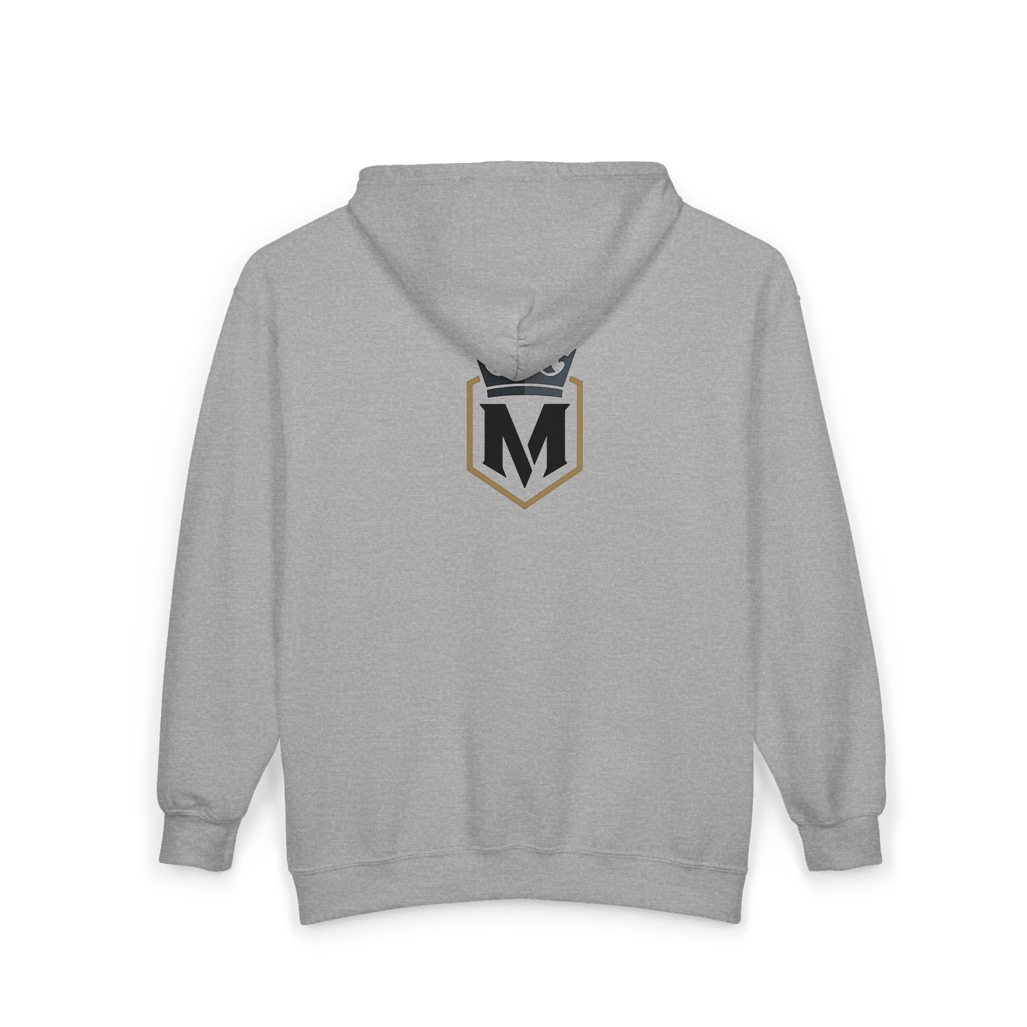 M Crown Shield Zip Hoodie — Athletic Monogram Full‑Zip Sweatshirt