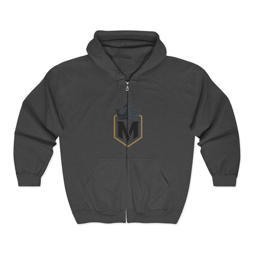 M Crown Shield Zip Hoodie — Athletic Monogram Full‑Zip Sweatshirt