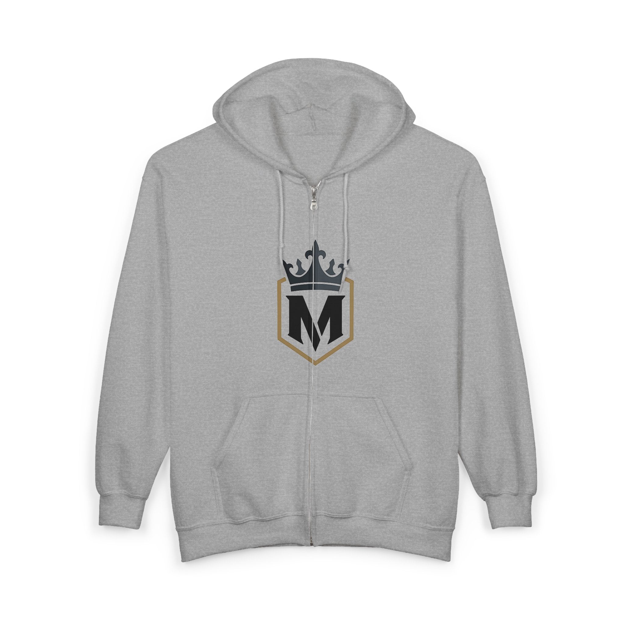 M Crown Shield Zip Hoodie — Athletic Monogram Full‑Zip Sweatshirt